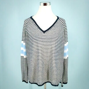 525 America Size Medium M Blue White Stripe Nautical V Neck Linen Blend Sweater